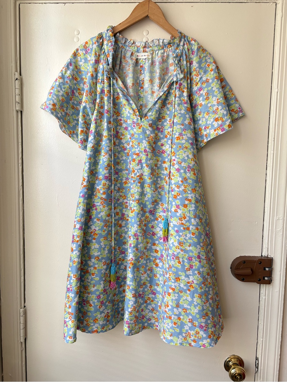 Roller Rabbit Light Blue Floral Beaded Tassel Tie-Neck Silk/Cotton Dress | S-M